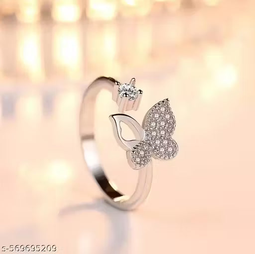 Stylish Platinum/Silver Solitaire Adjustable Ring for Women & Girls |