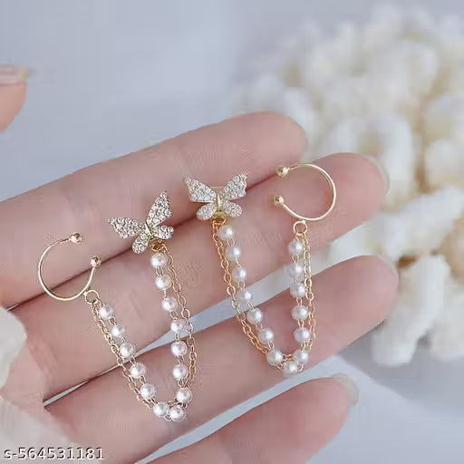 THE HEART CHOICE Butterfly Rhinestone Earrings with Cuff-Chain for Women & Girls