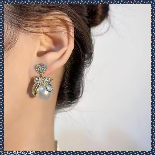 Vembley Korean Studded Bow Heart Big Pearl Drop Earrings For Women/Girls