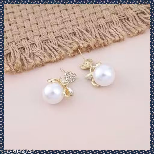 Vembley Korean Studded Bow Heart Big Pearl Drop Earrings For Women/Girls