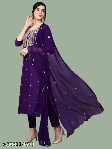 Cotton Kurta Pant Dupatta Set, Kurti Pant Dupatta Set, Kurta Set, Kurti Set, Solid kurta Set, fancy Kurta Set, Purple Kurta Pant Set,