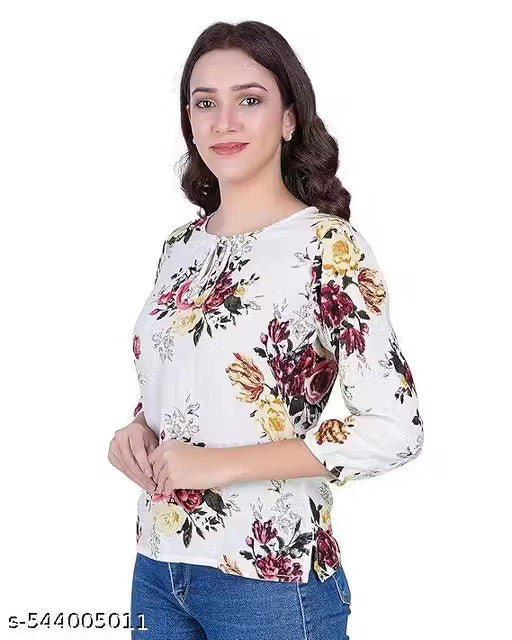 Women's Floral Printed White Top/Western Top Round Neck, 3/4 Sleeve for Girl's and Women's,