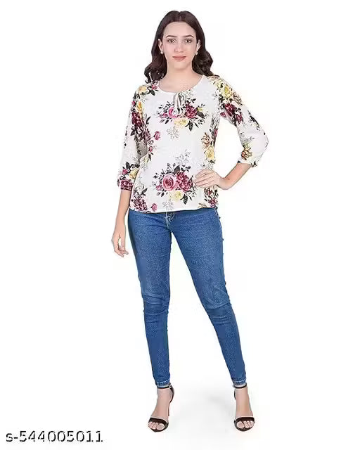 Women's Floral Printed White Top/Western Top Round Neck, 3/4 Sleeve for Girl's and Women's,