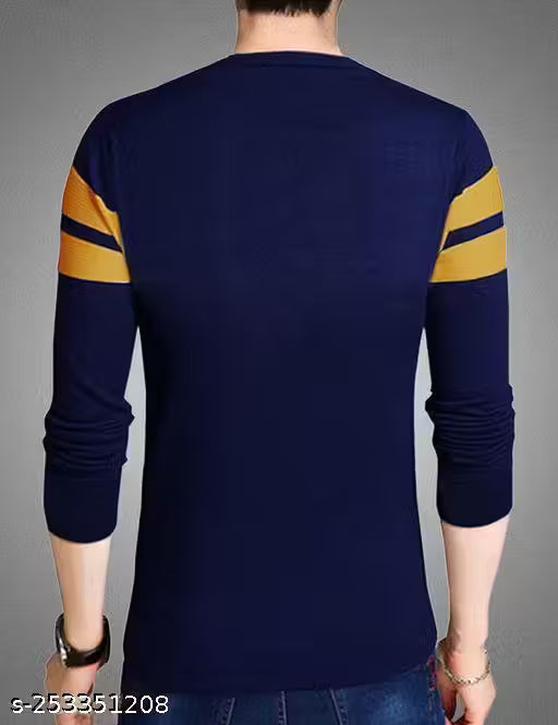 50% Discount - LEOTUDE Men’s Navy Blue T-Shirt with Mustard Stripes – Full Sleeves | Stylish Round Neck | Soft Cotton Blend