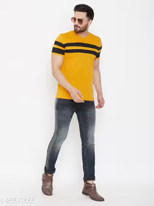 50% Discount - AOOSH Men’s Yellow Cotton T-Shirt with Bold Black Sleeve Stripes | Stylish Casual Wear