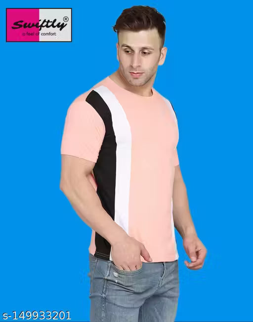 50% Discount - Swiftly Men's Peach & Black Colorblocked T-Shirt | Stylish Cotton Round Neck Casual Wear
