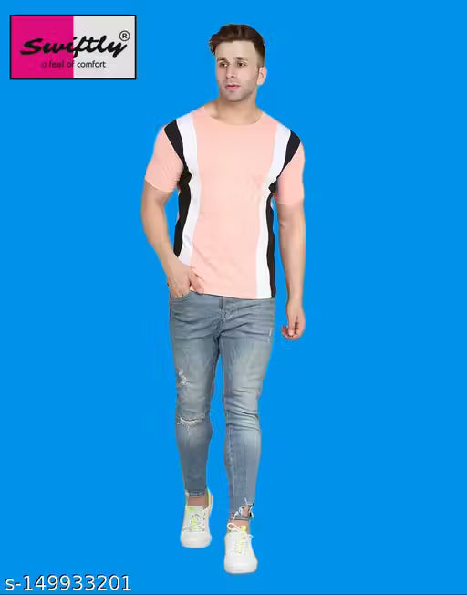 50% Discount - Swiftly Men's Peach & Black Colorblocked T-Shirt | Stylish Cotton Round Neck Casual Wear