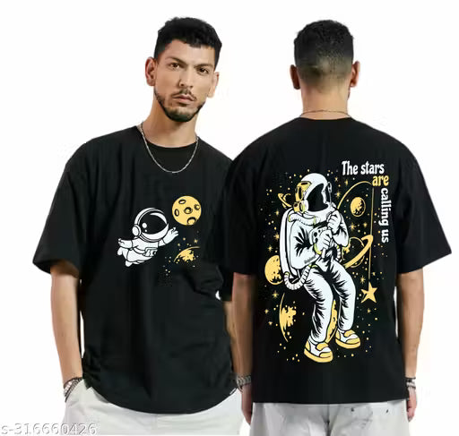 50% Discount - Uniplanet Oversized Black T-Shirt for Men | Astronaut Space Graphic Print | Cotton Round Neck