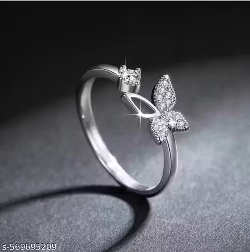 Stylish Platinum/Silver Solitaire Adjustable Ring for Women & Girls |