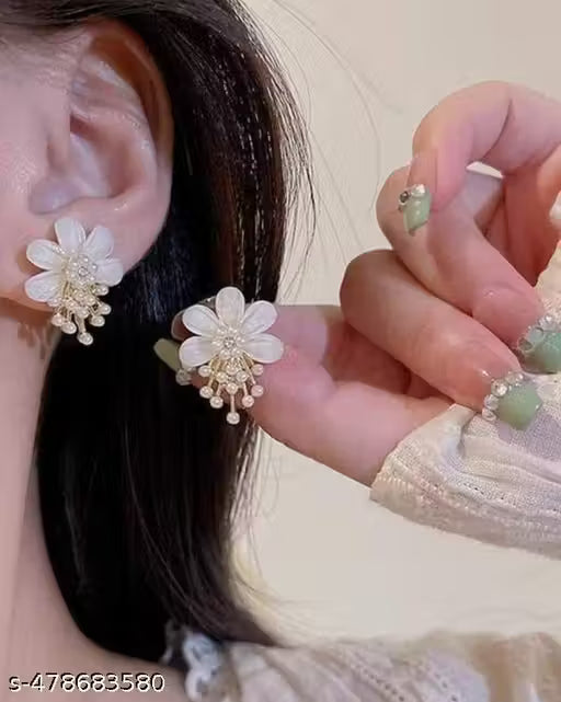Amrav's Latest Stylish White Pearl Flower Korean Earrings for Women and Girls