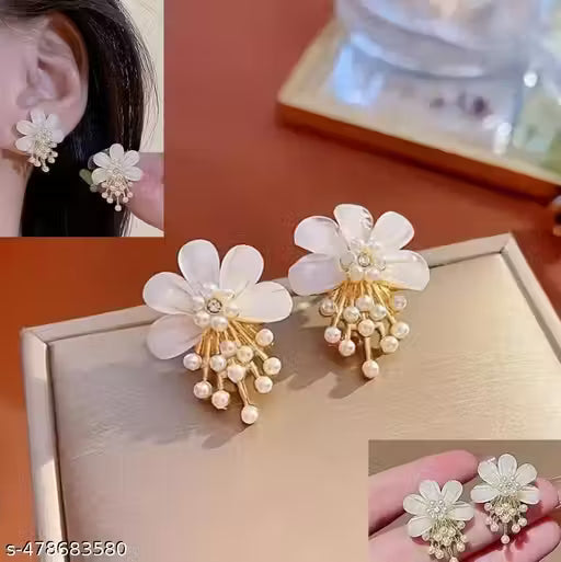 Amrav's Latest Stylish White Pearl Flower Korean Earrings for Women and Girls