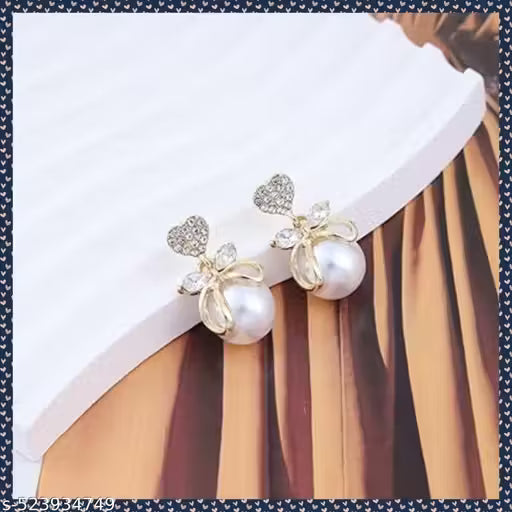 Vembley Korean Studded Bow Heart Big Pearl Drop Earrings For Women/Girls
