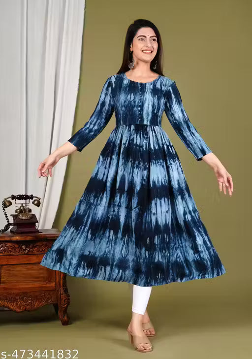 Blue Tie-Dye Anarkali Kurti – Premium Rayon Fabric