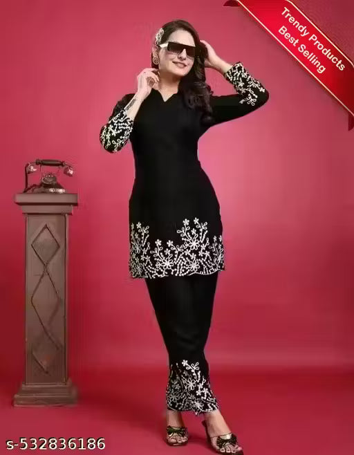Attractive Beautiful Chain Stitch Embroidered Cotton Black Cord Set (Top & Bottom Set) For Girls & Womens | Palazzo Set | Shirt Set | Cord Set | Co Ord Set | Top Bottom Cord Set