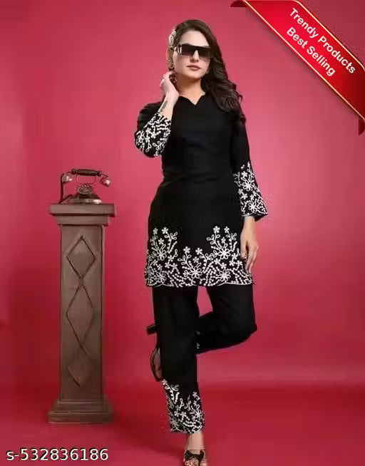 Attractive Beautiful Chain Stitch Embroidered Cotton Black Cord Set (Top & Bottom Set) For Girls & Womens | Palazzo Set | Shirt Set | Cord Set | Co Ord Set | Top Bottom Cord Set