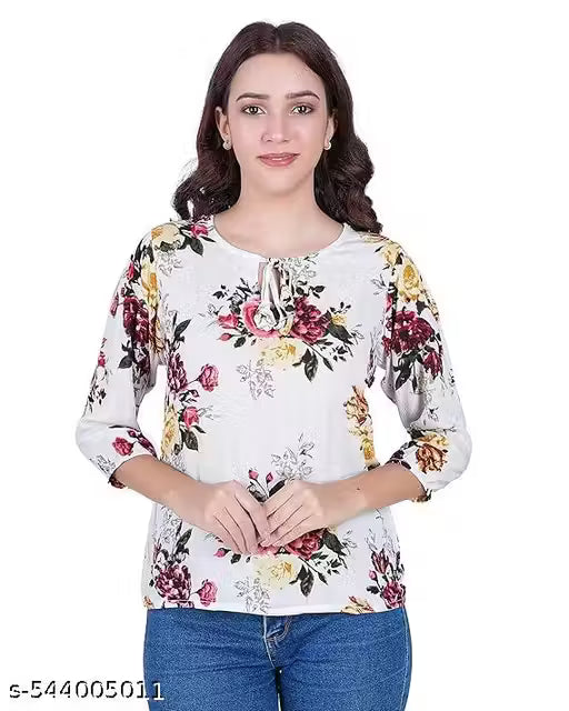 Women's Floral Printed White Top/Western Top Round Neck, 3/4 Sleeve for Girl's and Women's,