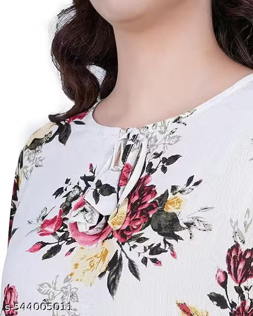 Women's Floral Printed White Top/Western Top Round Neck, 3/4 Sleeve for Girl's and Women's,