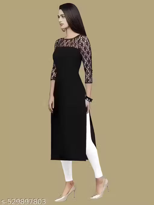 Casual American Crepe And Rasal Net Round Neck And 3/4 Sleeves Stylish Kurti For Womans