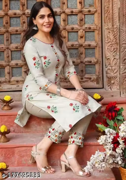 🌸 Elegant Grey Cotton Kurti with Colorful Floral Embroidery | Stylish Festive & Office Wear | ₹499 Only