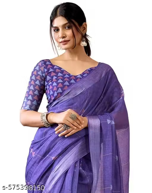 Graceful Purple Cotton Linen Saree with Geometric Motif Design Unstitched Blouse Piece
