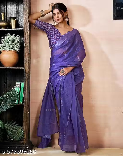 Graceful Purple Cotton Linen Saree with Geometric Motif Design Unstitched Blouse Piece