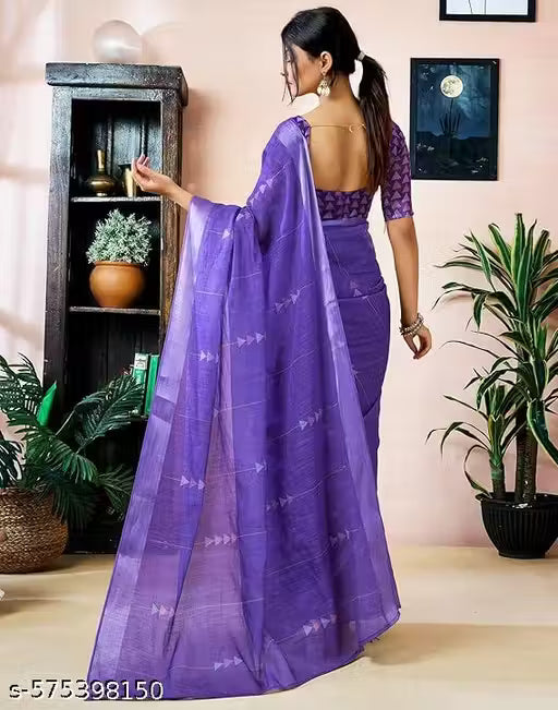 Graceful Purple Cotton Linen Saree with Geometric Motif Design Unstitched Blouse Piece