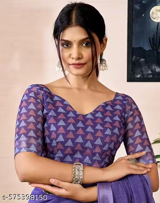 Graceful Purple Cotton Linen Saree with Geometric Motif Design Unstitched Blouse Piece