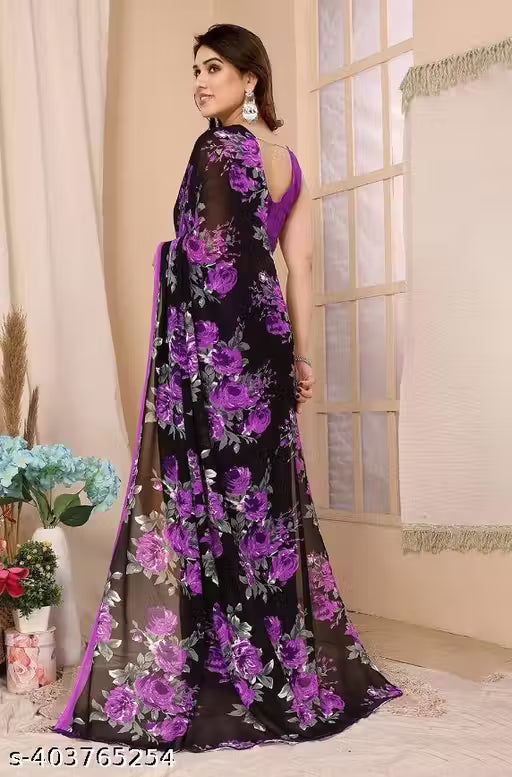 Women's Trendy Floral Printed Georgette Saree with Blouse Material