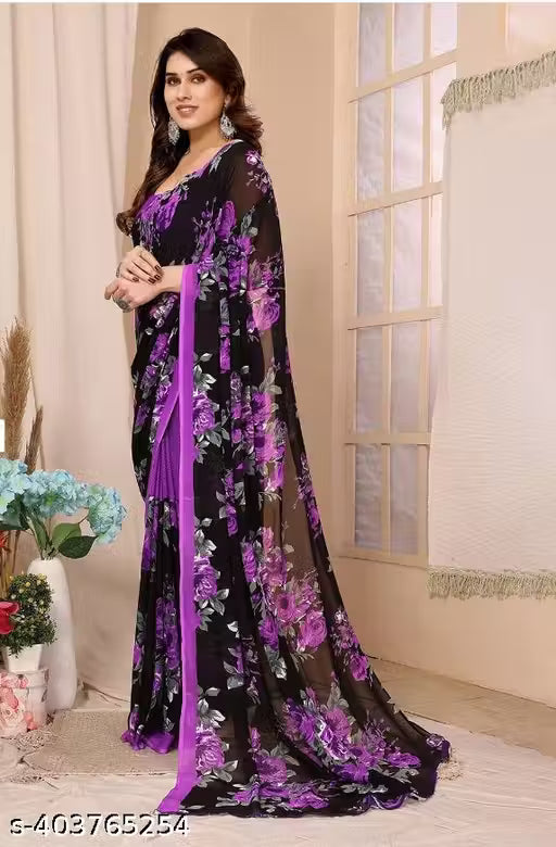 Women's Trendy Floral Printed Georgette Saree with Blouse Material