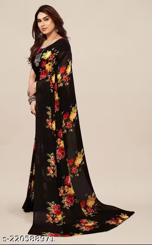 Women's Desinger Georgette Floral Printed Saree with Blouse Piece