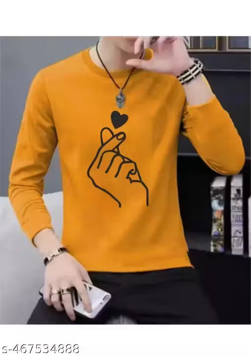 50% Discount - Trendy Mustard Korean Style Full Sleeve T-Shirt for Men – Heart Hand Graphic Print | Polycotton | Casual Wear