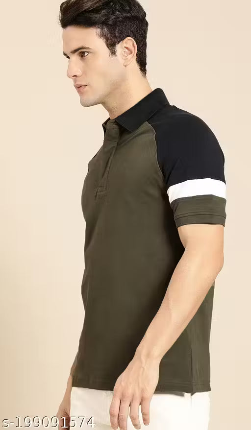 50% Discount - LEOTUDE Men’s Stylish Polo Neck Colorblock T-Shirt – Olive Green | Cotton Blend | Comfortable & Trendy