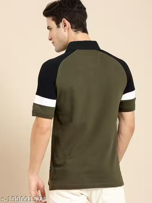 50% Discount - LEOTUDE Men’s Stylish Polo Neck Colorblock T-Shirt – Olive Green | Cotton Blend | Comfortable & Trendy
