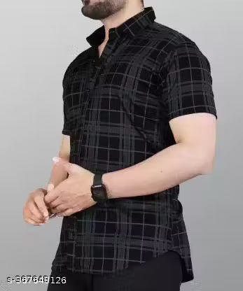 STI Men's Checked Regular Spread Collar Black Shirts