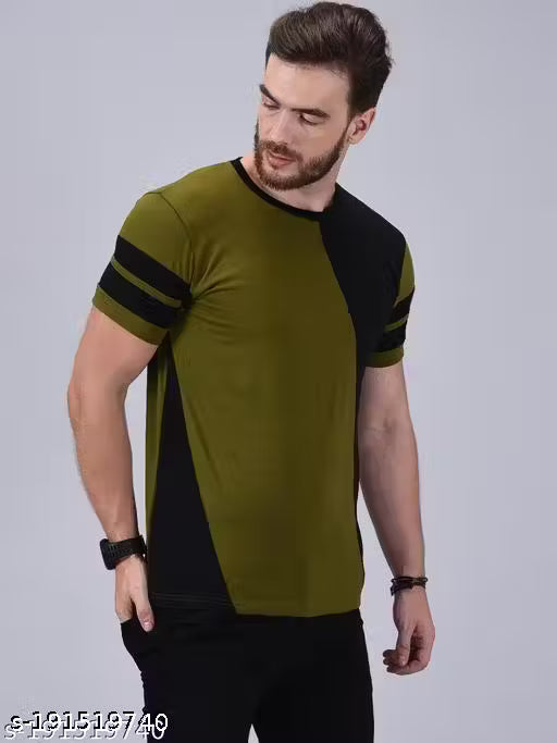 50% Discount - LEOTUDE Men’s Olive Polo T-Shirt | Contrast Panel Design | Premium Casual Wear