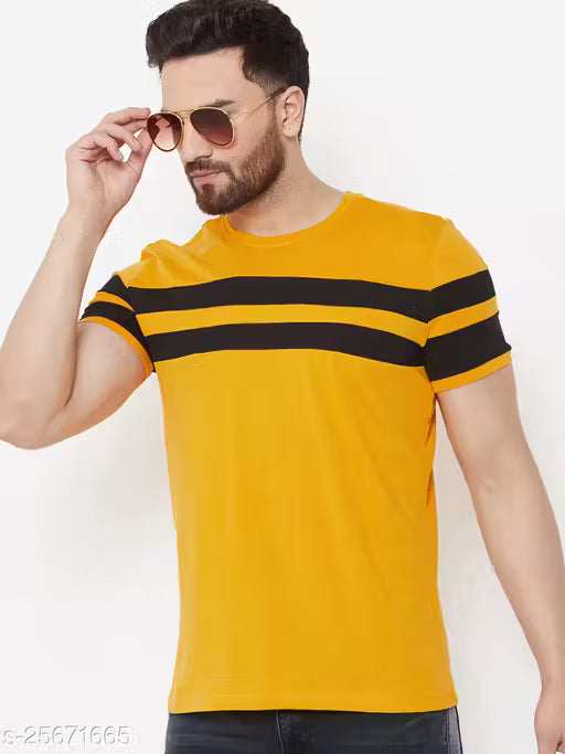 50% Discount - AOOSH Men’s Yellow Cotton T-Shirt with Bold Black Sleeve Stripes | Stylish Casual Wear