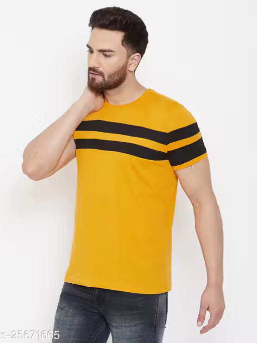 50% Discount - AOOSH Men’s Yellow Cotton T-Shirt with Bold Black Sleeve Stripes | Stylish Casual Wear