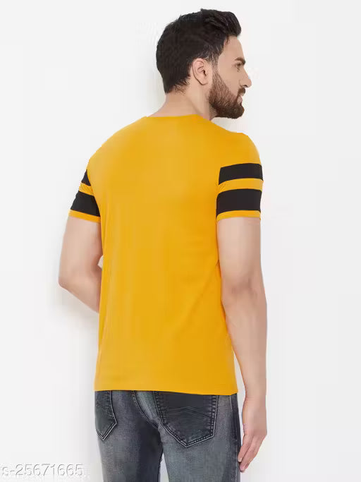 50% Discount - AOOSH Men’s Yellow Cotton T-Shirt with Bold Black Sleeve Stripes | Stylish Casual Wear
