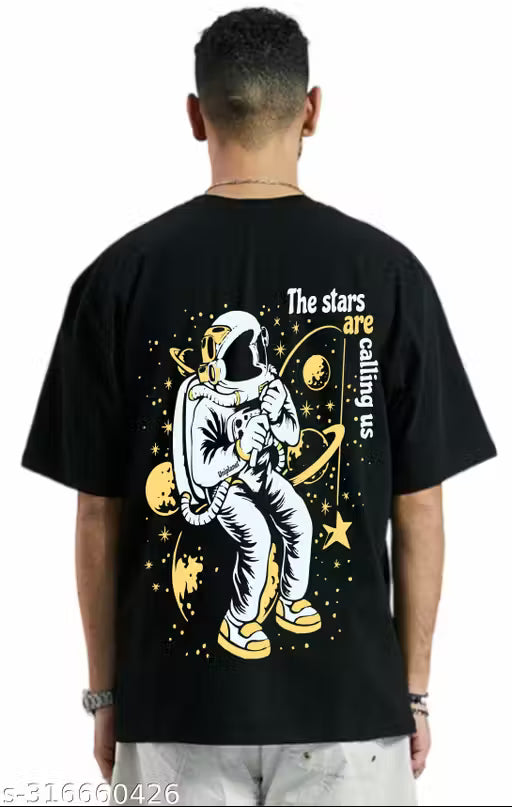 50% Discount - Uniplanet Oversized Black T-Shirt for Men | Astronaut Space Graphic Print | Cotton Round Neck