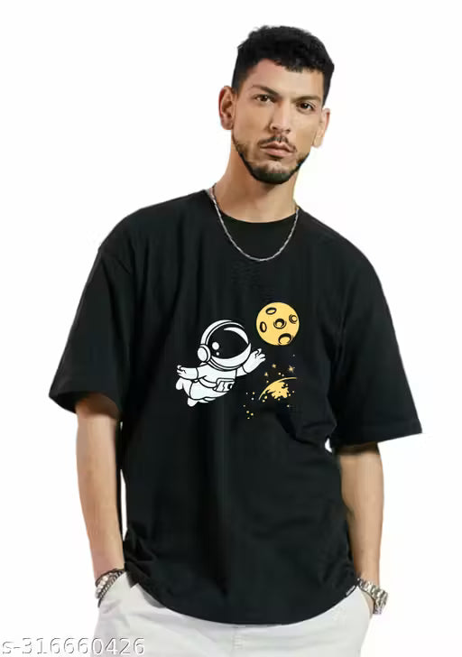 50% Discount - Uniplanet Oversized Black T-Shirt for Men | Astronaut Space Graphic Print | Cotton Round Neck